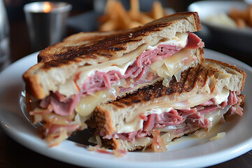 Reuben: A grilled sandwich with corned beef, Swiss cheese, sauerkraut, and Russian or Thousand Island dressing on rye bread. - obrazy, fototapety, plakaty