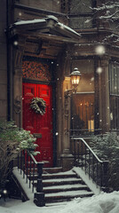 Fototapeta na wymiar Boston brownstone house, historic charm, red door with moody cinematic filter, in the snowy winter night scene with moody lighting and fog. 