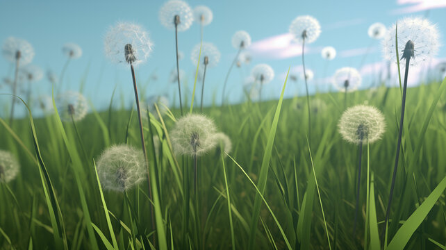 Dandelions in a field background image showing a clear blue Spring sky and tall grass in a field.