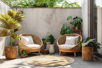 A Serene Afternoon Elegant Wicker Chairs Adorned with Plush Cushions, Nestled in a Lush Garden, Basking under the Gentle Sunlight Amidst Nature’s Tranquility