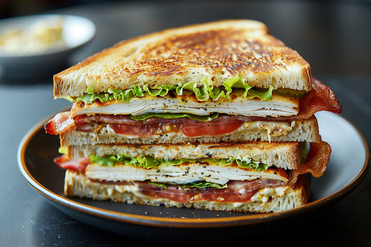 Club Sandwich: Triple-decker sandwich with layers of turkey or chicken, bacon, lettuce, tomato, and mayonnaise.