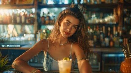 Beautiful woman preparing cocktail on the bar counter.