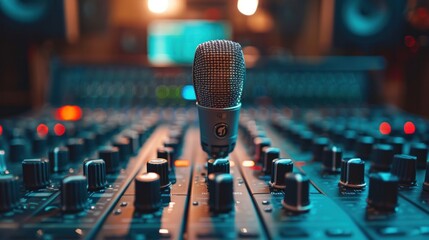 boutique recording studio control desk. Professional studio microphone with musician blurred...