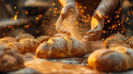 Flour over a wooden surface for bakery preparation with a chef's hands are captured mid motion in a cozy kitchen.