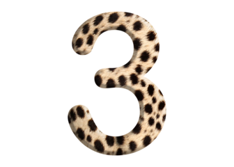 The shape of the number 3 is made of cheetah fur or skin isolated on transparent background. Suitable for birthday, anniversary and Memorial Day templates
