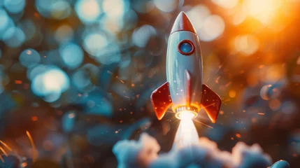 Foto op Plexiglas Businessman-controlled rocket is launching and soaring from hand into the sky for growing business, fast business success, and startup business concept. © sirisakboakaew