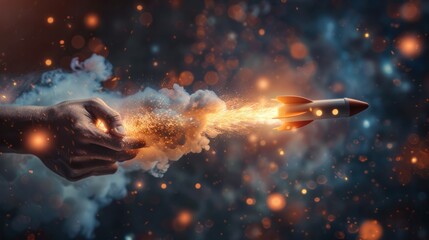 Businessman-controlled rocket is launching and soaring from hand into the sky for growing business, fast business success, and startup business concept. - obrazy, fototapety, plakaty