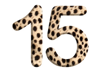 The shape of the number 15 is made of cheetah fur or skin isolated on transparent background. Suitable for birthday, anniversary and Memorial Day templates