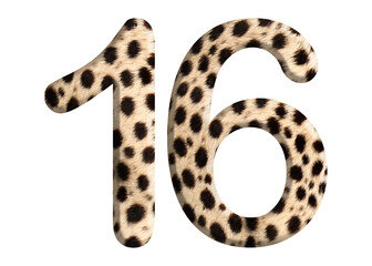 The shape of the number 16 is made of cheetah fur or skin isolated on transparent background. Suitable for birthday, anniversary and Memorial Day templates