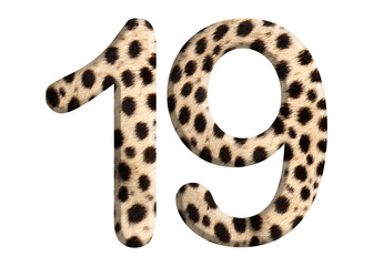 The shape of the number 19 is made of cheetah fur or skin isolated on transparent background. Suitable for birthday, anniversary and Memorial Day templates