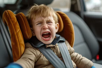 Fotobehang child refusing to get into his car seat. He is crying and struggling, expressing his dislike for the confinement of the car seat © Formoney