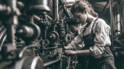 A mechanics apprentice dressed in a longsleeved shirt with puffy sleeves highwaisted pants and a utility belt works on a steam engine under the watchful eye of her mentor.