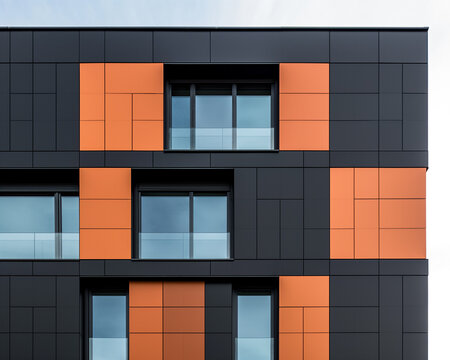 Architectural illustration of a modern building. A modern facade black and orange metal terracotta modular cladding composite facade.