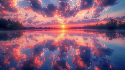 Fototapeten Capture the intense colors of a sunset sky reflected in the waters of a calm lake, offering a mirror to the heavens © MAY