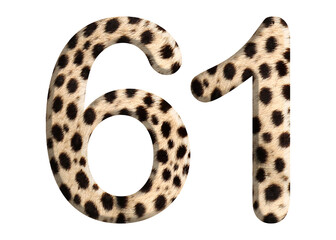 The shape of the number 61 is made of cheetah fur or skin isolated on transparent background. Suitable for birthday, anniversary and Memorial Day templates