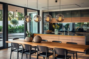 Harmony of Modern Design and Natural Elements: A Kitchen Interior with Wooden Accents, Black Details, and Innovative Lighting