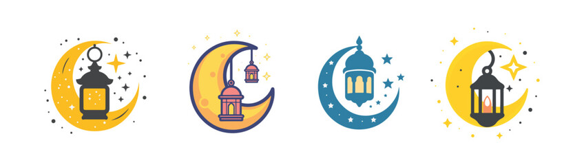 decorative moon, stars and hanging lantern lamp collection icon. Flat design set for Ramadan Kareem or Eid Mubarak poster greeting card element. celebration Muslim islamic feast. Vector illustration