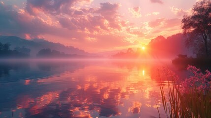 Fototapeta na wymiar Capture the serene beauty of a sunrise over a tranquil lake, reflecting the sun's warm hues