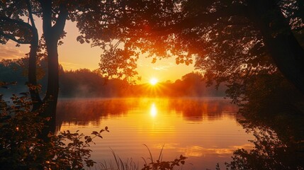 Fototapeta na wymiar Capture the serene beauty of a sunrise over a tranquil lake, with silhouettes of trees framing the scene