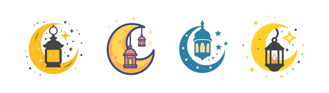 decorative moon, stars and hanging lantern lamp collection icon. Flat design set for Ramadan Kareem or Eid Mubarak poster greeting card element. celebration Muslim islamic feast. Vector illustration