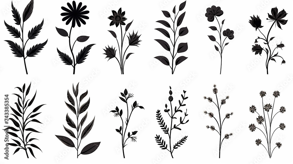 Wall mural This elegant collection of hand-drawn botanical elements includes various types of leaves, flowers and plants in detailed