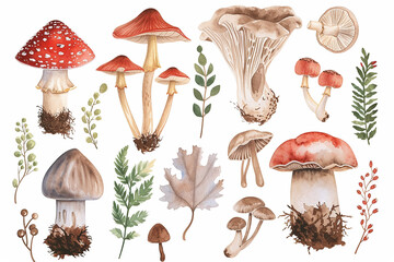 Watercolor illustration of mushrooms set collection on isolated white background