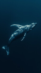 Ultra minimalism photography of an underwater whale, vertical background