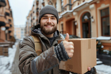A young happy smiling employee of moving service overall standing in front of the new house holding cardboard box and showing thumb up sign. Moving day concept. - obrazy, fototapety, plakaty