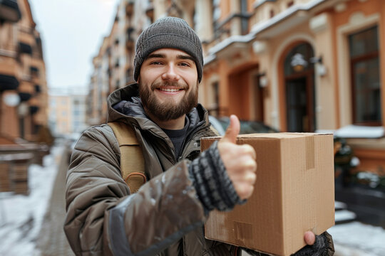 A young happy smiling employee of moving service overall standing in front of the new house holding cardboard box and showing thumb up sign. Moving day concept.