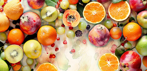 Fresh exotic fruits background. Top view. Summer illustratiion.