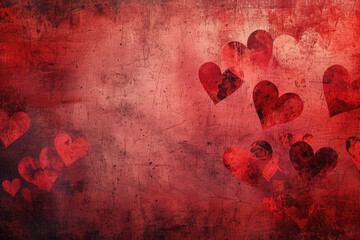 Grunge Red Background with Heart Shapes