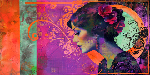 Beautiful woman portrait collage. Art nouveau style. Banner with old texture