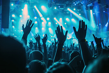 Enthusiastic Music Fans Clapping Hands to the Beat at a Concert. Vibrant Blue Concert Stage Lights Illuminate the Night Club. The Energetic Crowd Enjoys the DJ Show at the Festival in the Club.