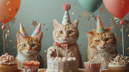 a funny portrait with cats having a birthday party with cake, balloons, gifts, decorations. 