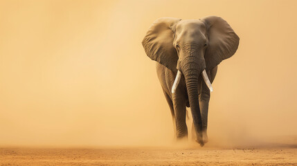 an Elephant standing against sand color background with copy space. minimalist banner style with bright sand-colored tones - obrazy, fototapety, plakaty