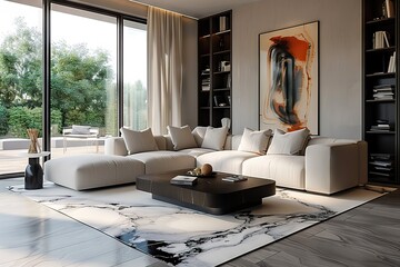 Elegant Living Room Interior with Modern Design, Marble Accents, and Nature View - A Perfect Blend of Comfort and Luxury for Contemporary Living