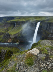 Scenic Haifoss waterfall and valley in the highlands of Iceland