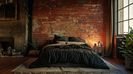 Comfort bedroom with black blanket and pillow in terracotta brick wall, large window natural sunlight, and wooden floor. Modern Scandinavian bedroom