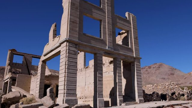Pan-John S. Cook and Co Bank building ruins- Ryolite, Nevada. The largest structure in Rhyolite, the three-story, reinforced concrete Cook Bank Building fell into ruin decades ago.