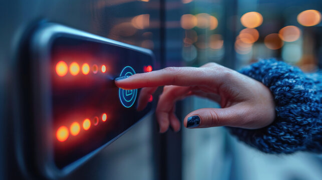 Close-up Hand Of A Woman Finger Entering Password Code On The Smart Digital Touch Screen Keypad Entry Door Lock In Front Of The Room.