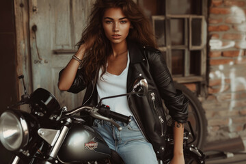model wearing a black leather jacket, with a white T-shirt and jeans.