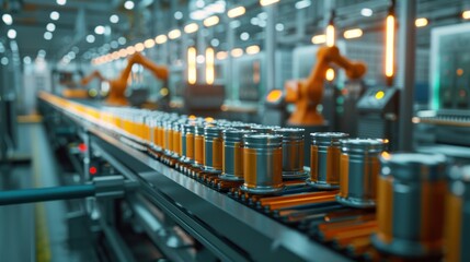 Electric vehicle battery pack production process In the lithium-ion battery cell production line A robot arm transports car battery modules to a conveyor belt.
