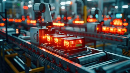 Electric vehicle battery pack production process In the lithium-ion battery cell production line A robot arm transports car battery modules to a conveyor belt. - obrazy, fototapety, plakaty