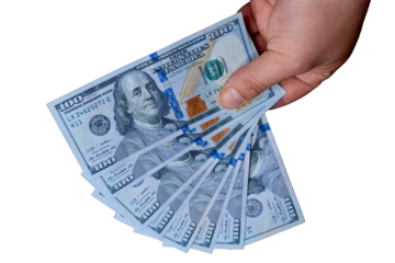 a hand holding hundred dollar bills. photograph without background (png format)