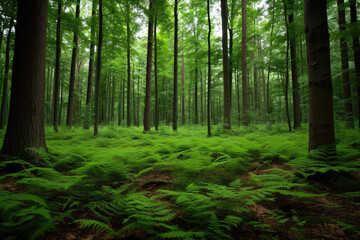 Fototapeta premium view of a forest with tall trees and a carpet of ferns on the ground