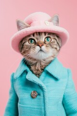 Stylish tabby cat rocks a chic pink hat and blue coat against a pink backdrop, exuding feline fashion