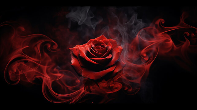 Red rose wrapped in smoke swirl on isolated black background