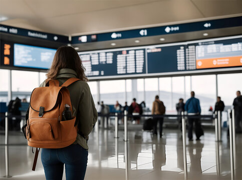 Woman with backpack studying departing flight information on flight  information board 