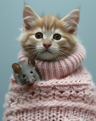 A cute fluffy kitten with a tiny mouse friend wrapped in a soft pink knitted material