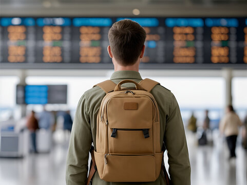 Back of a man checking flight status at the airport 